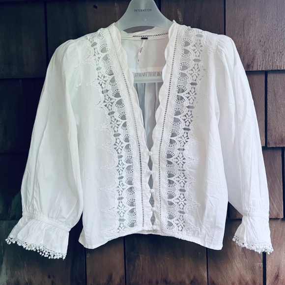 Free People Louella Embroidered Blouse Top Shirt Puff Sleev White Ivory Cotton L - Picture 6 of 17